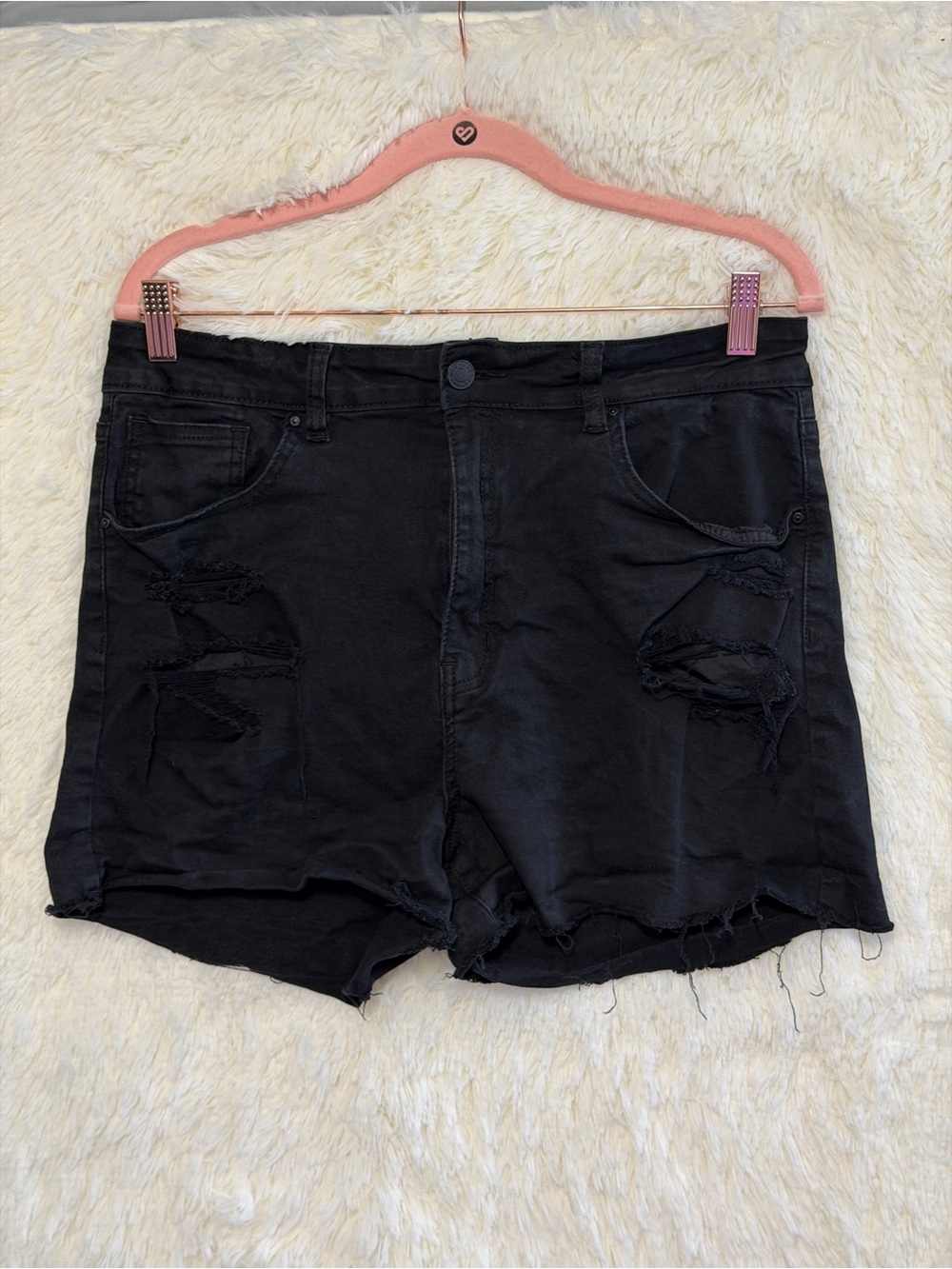 Refuge Womens Grunge Distressed Hi Rise Denim Shorts Size 13 Black Wash Raw Hem